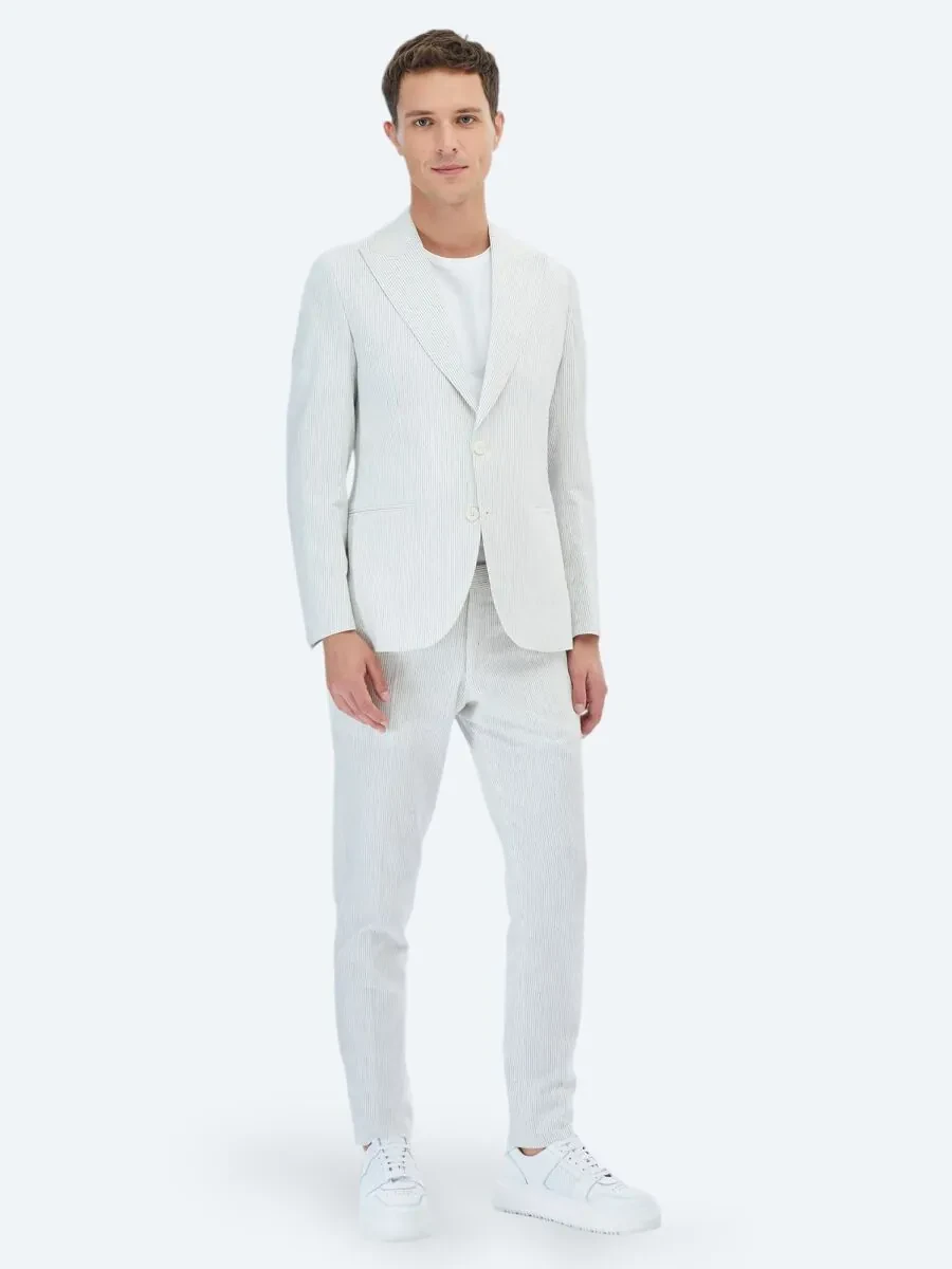 Ecru Striped Slim Fit Cotton Blended Suit - 5