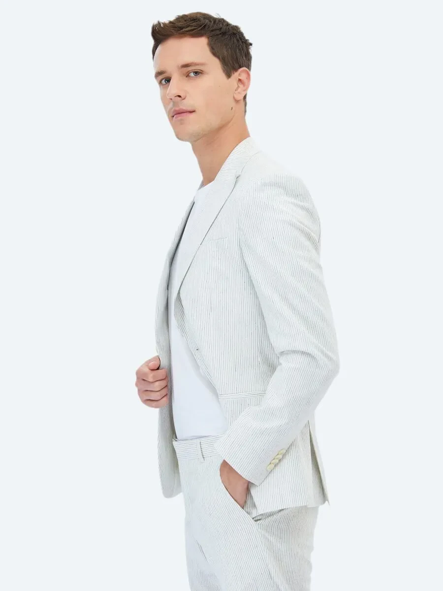 Ecru Striped Slim Fit Cotton Blended Suit - 6