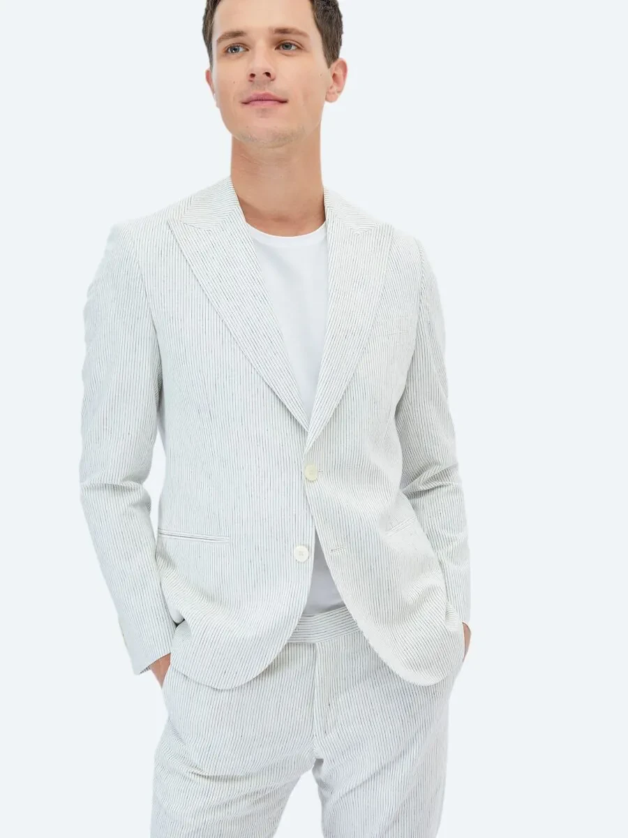 Ecru Striped Slim Fit Cotton Blended Suit - 7