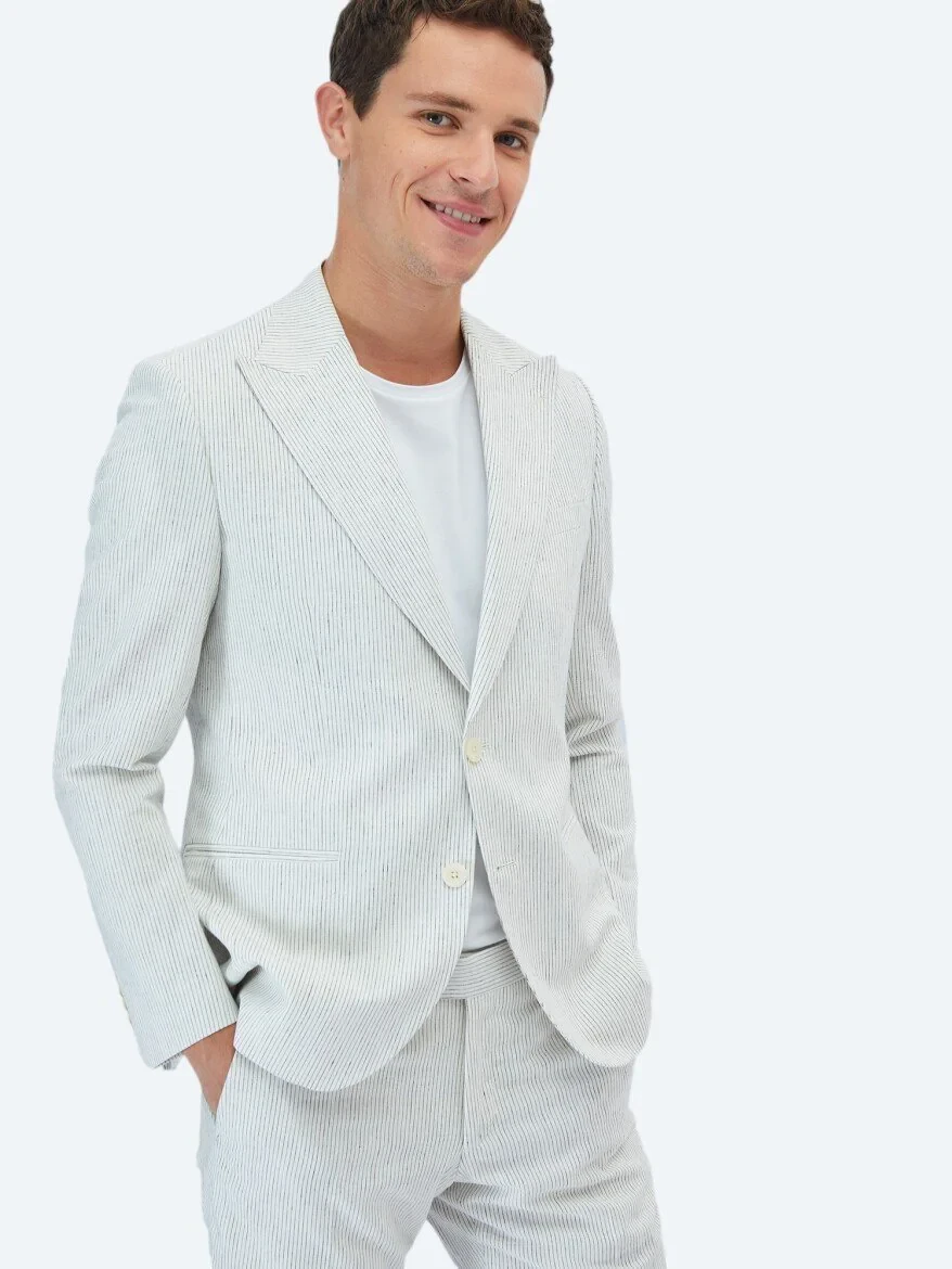 Ecru Striped Slim Fit Cotton Blended Suit - 8