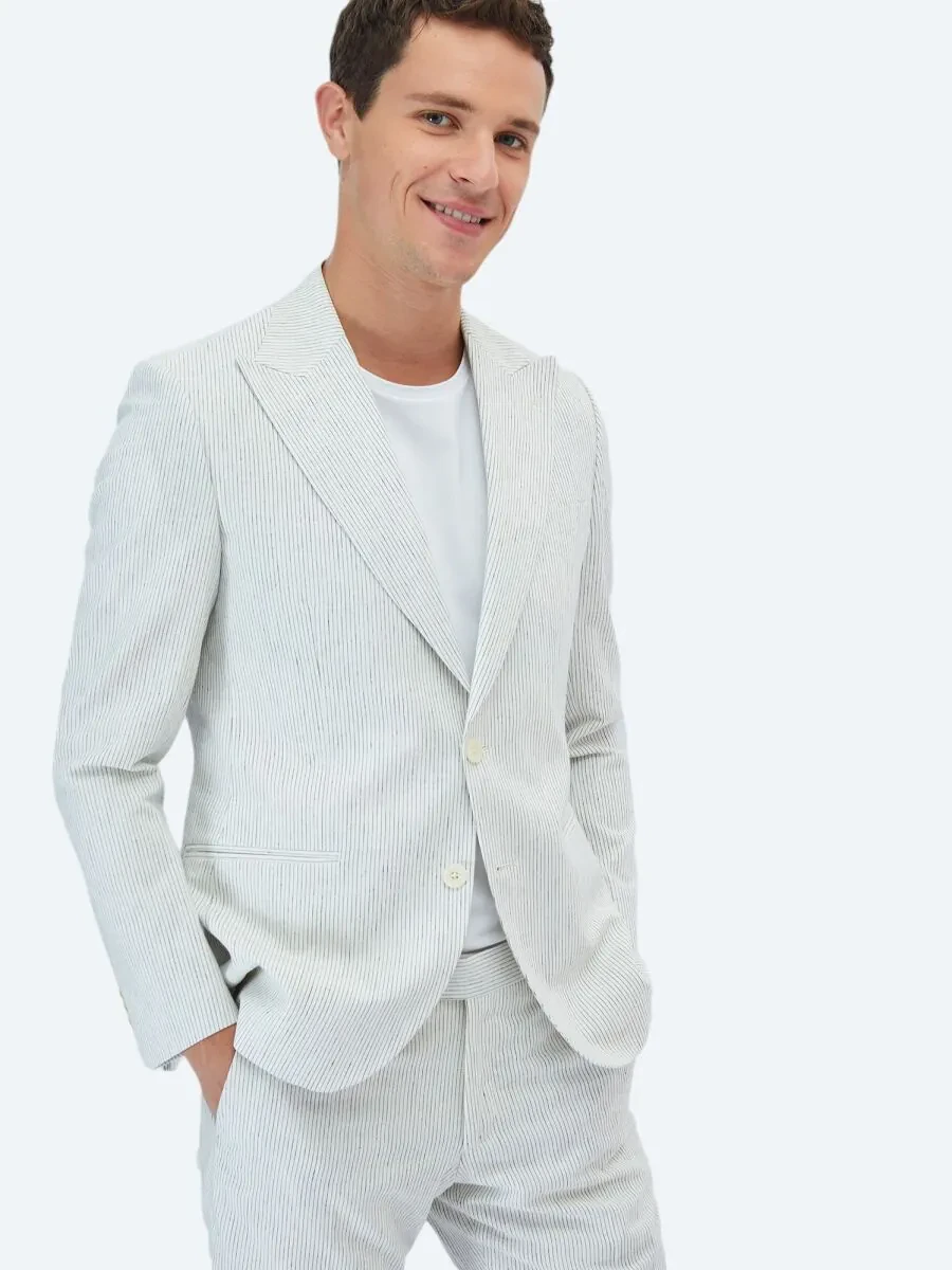 Ecru Striped Slim Fit Cotton Blended Suit - 8
