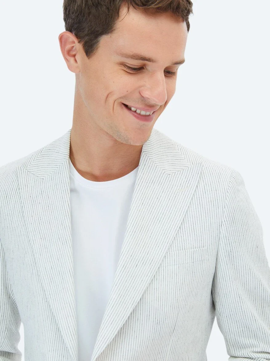 Ecru Striped Slim Fit Cotton Blended Suit - 9