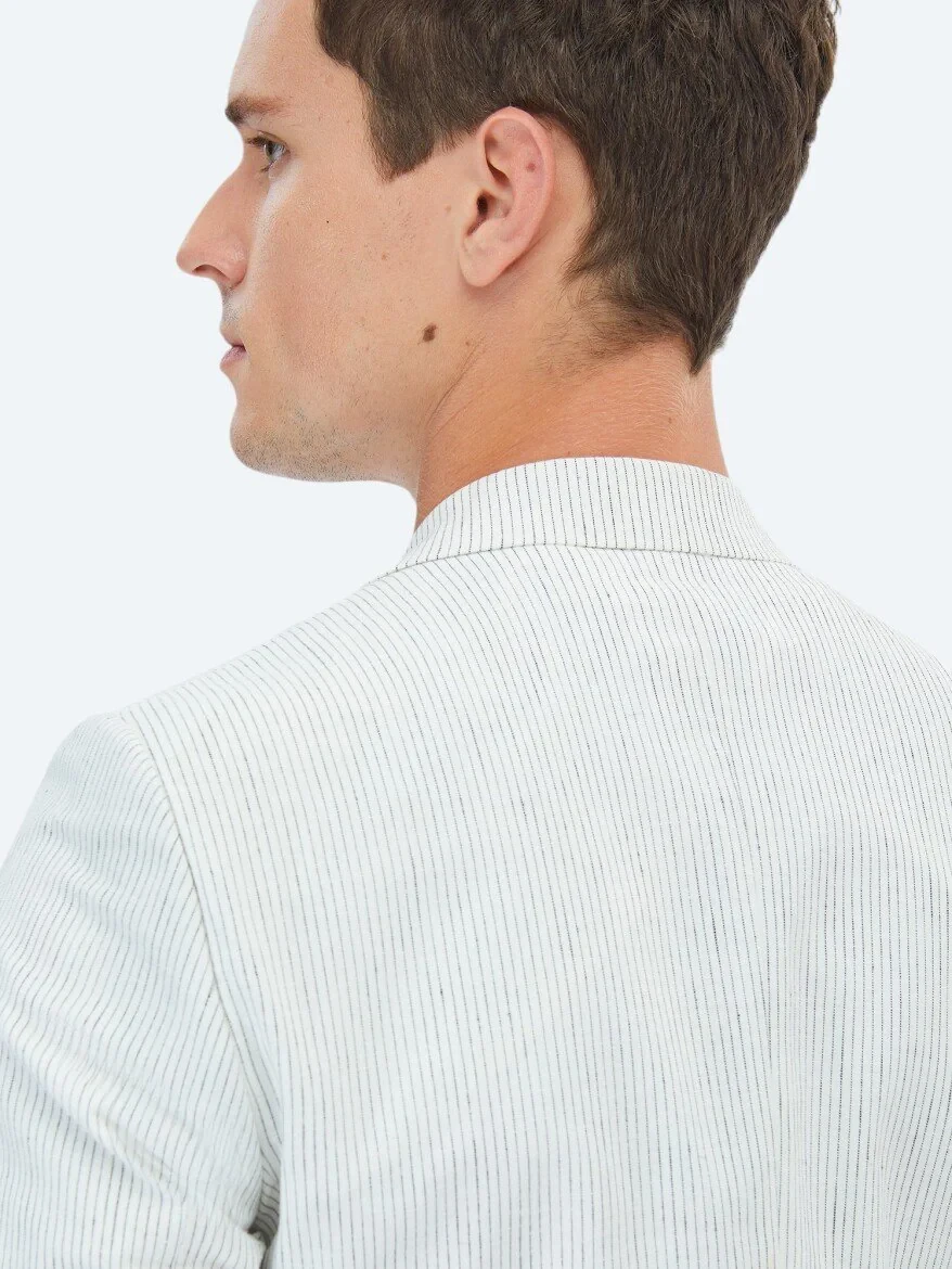 Ecru Striped Slim Fit Cotton Blended Suit - 10