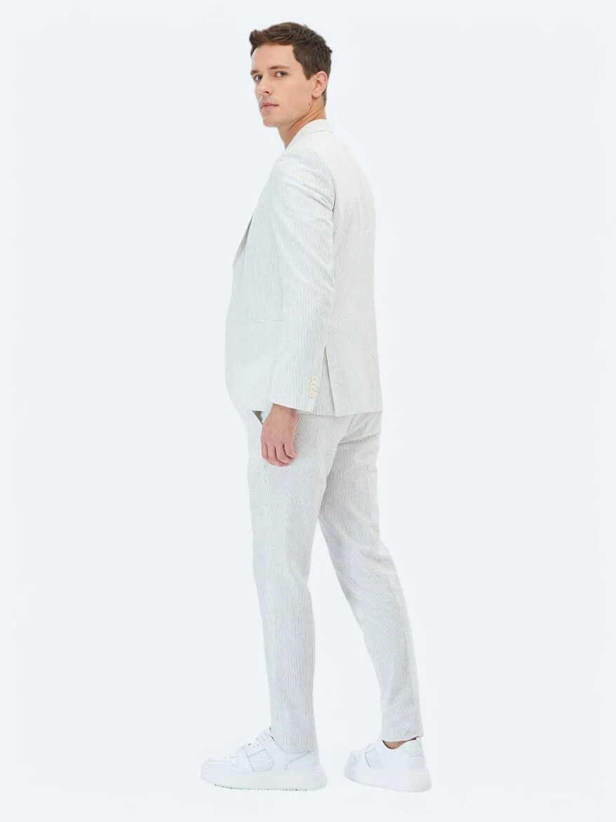 Ecru Striped Slim Fit Cotton Blended Suit - 11