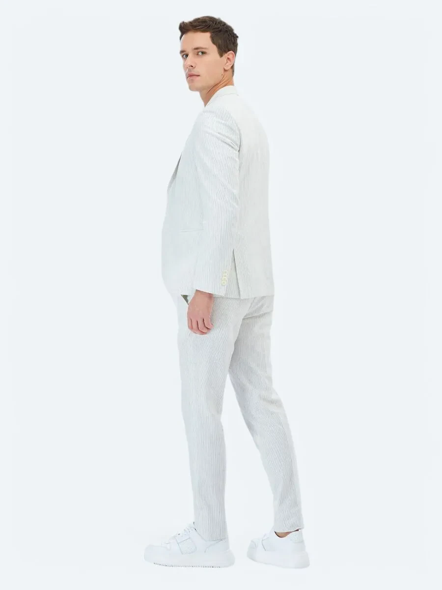 Ecru Striped Slim Fit Cotton Blended Suit - 11