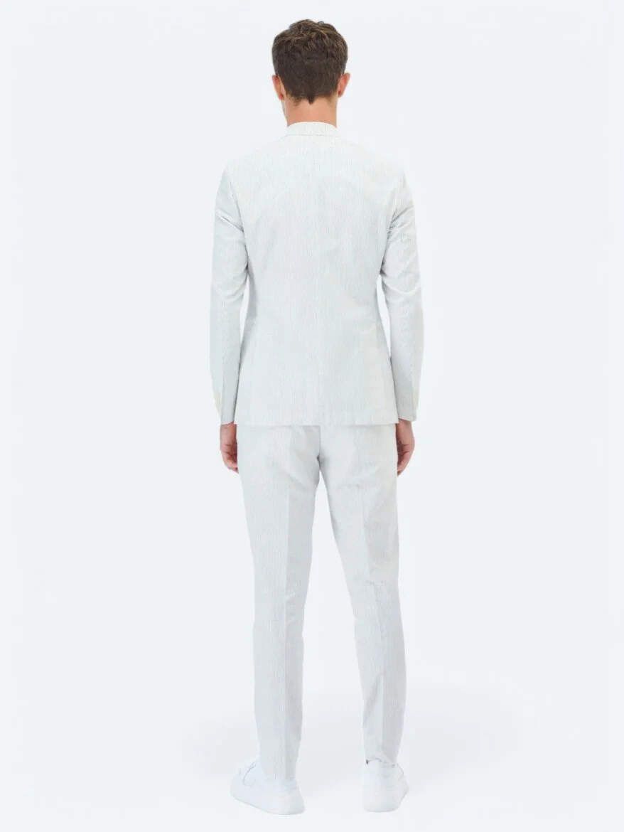 Ecru Striped Slim Fit Cotton Blended Suit - 12