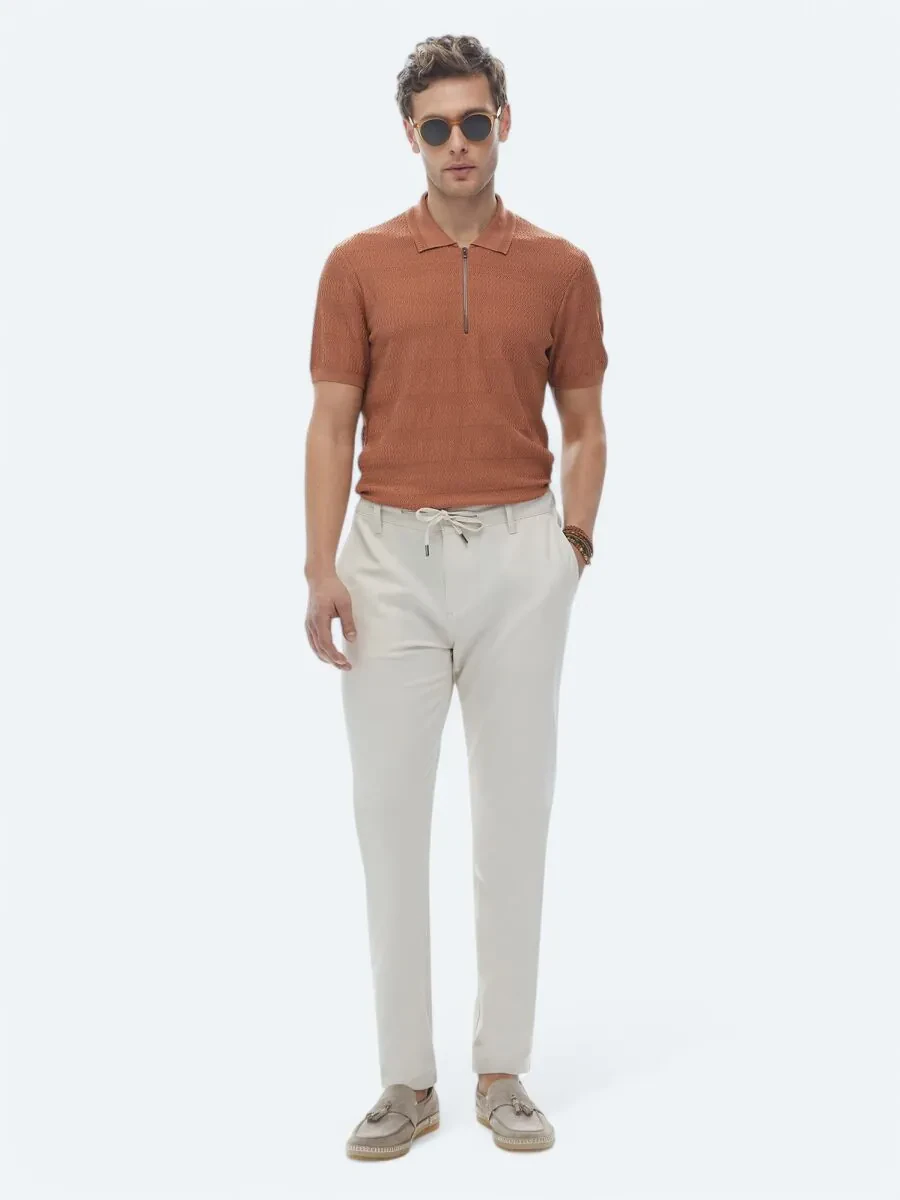 Ecru Weaving Jogging Fit Casual Trousers - 1