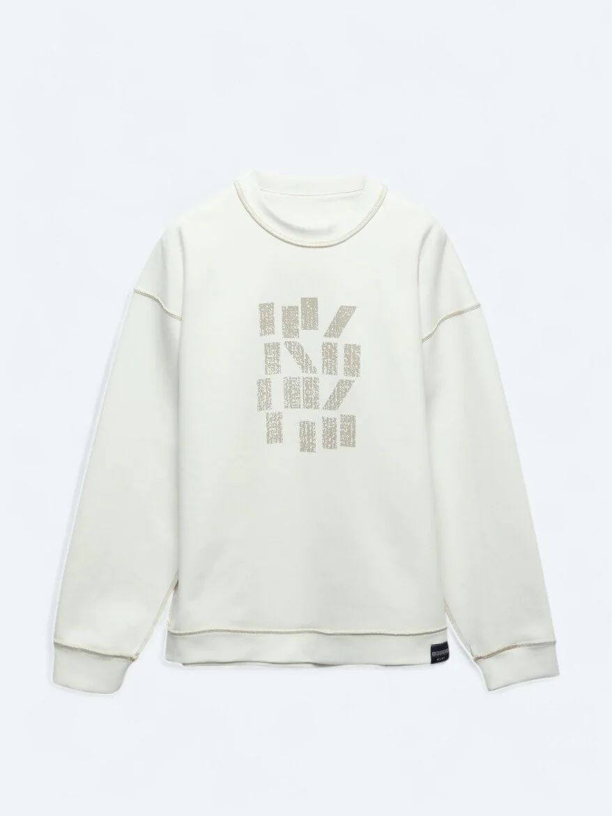 Ekru Bisiklet Yaka Baskılı Çift Taraflı Sweatshırt - 12
