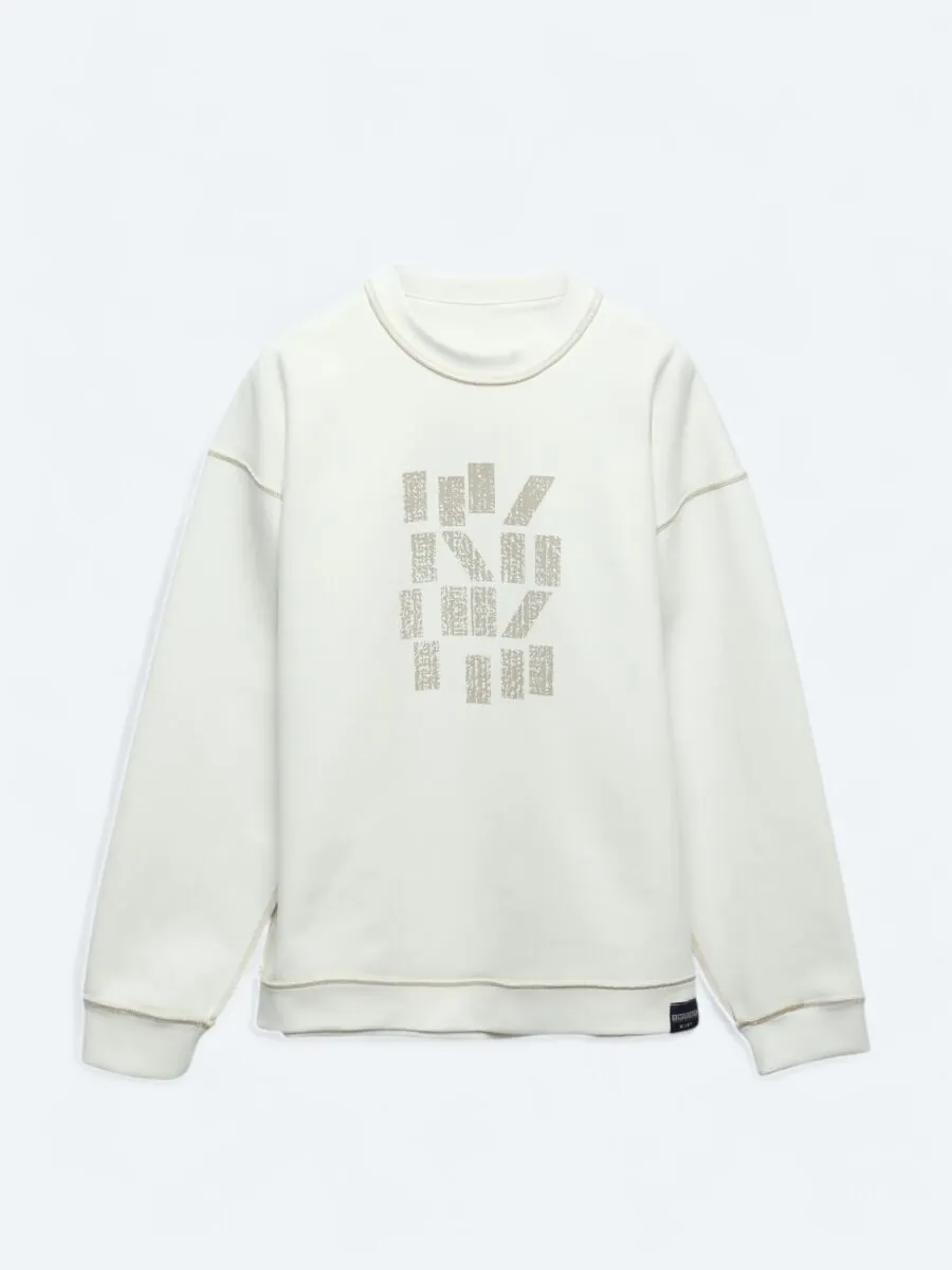 Ekru Bisiklet Yaka Baskılı Çift Taraflı Sweatshırt - 12