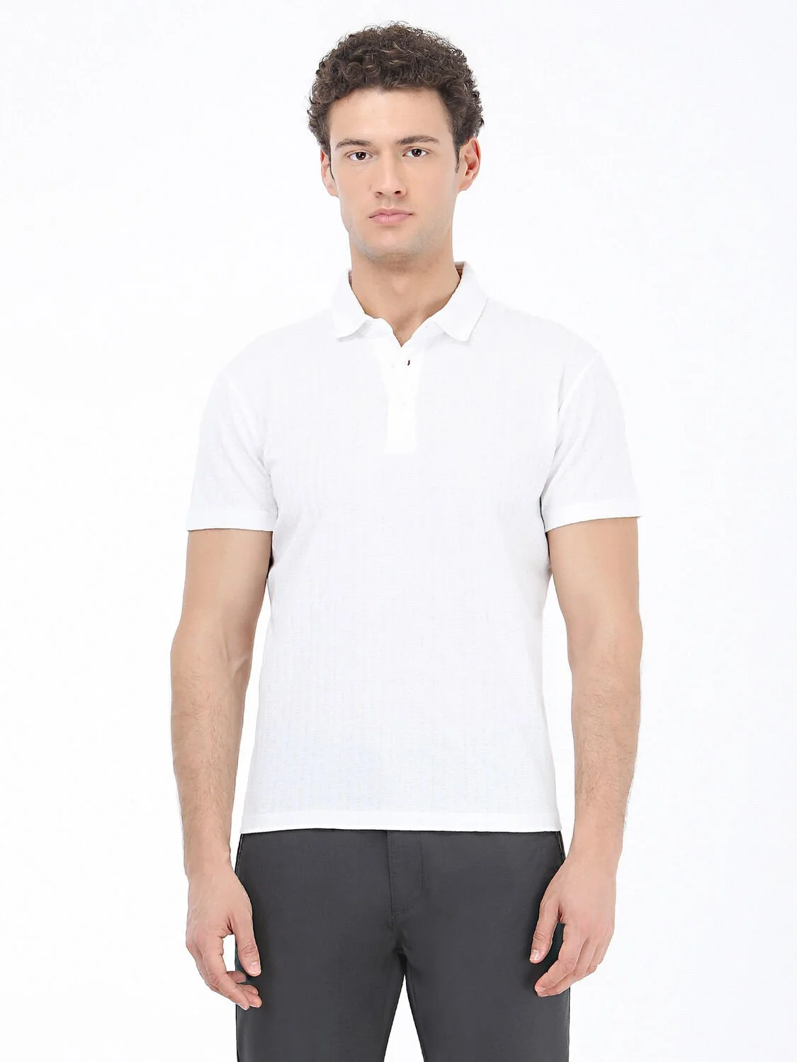 Ekru Çizgili Polo Yaka %100 Pamuk T-Shirt - 1