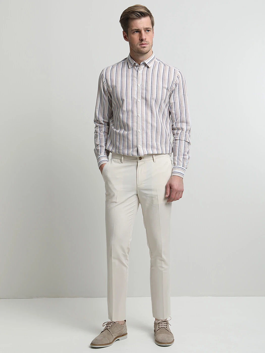 Ekru Dokuma Slim Fit Casual %100 Pamuk Pantolon - 1