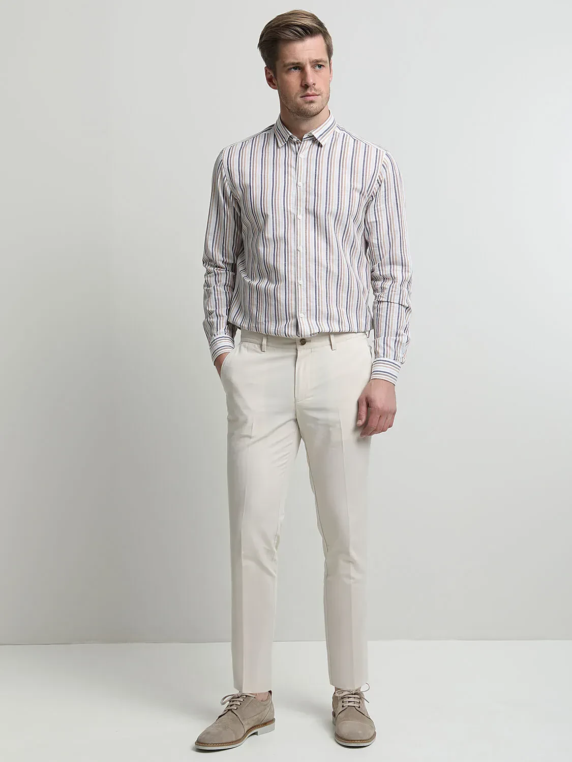 Ekru Dokuma Slim Fit Casual %100 Pamuk Pantolon - 1