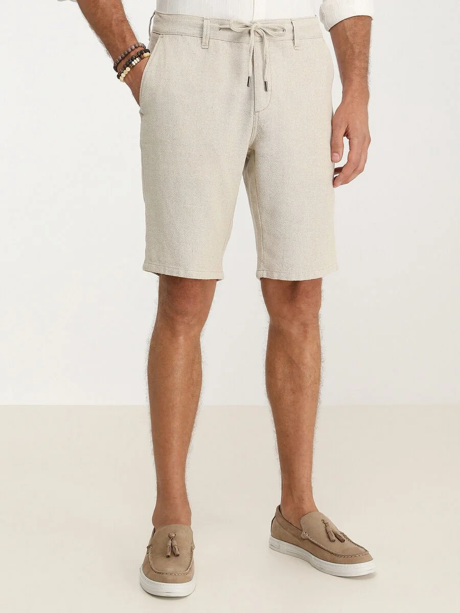 Ekru Dokuma Slim Fit Casual Pamuk Karışımlı Bermuda - 1