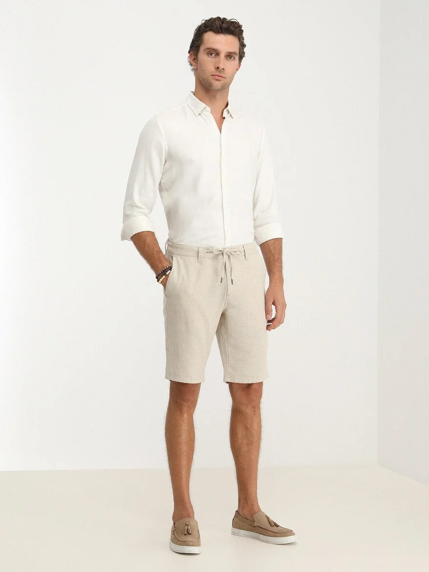 Ekru Dokuma Slim Fit Casual Pamuk Karışımlı Bermuda - 2