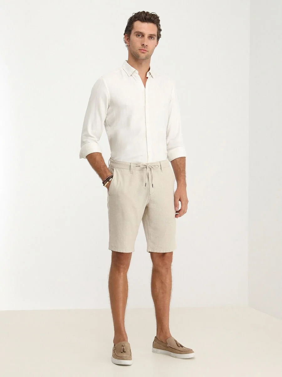 Ekru Dokuma Slim Fit Casual Pamuk Karışımlı Bermuda - 2