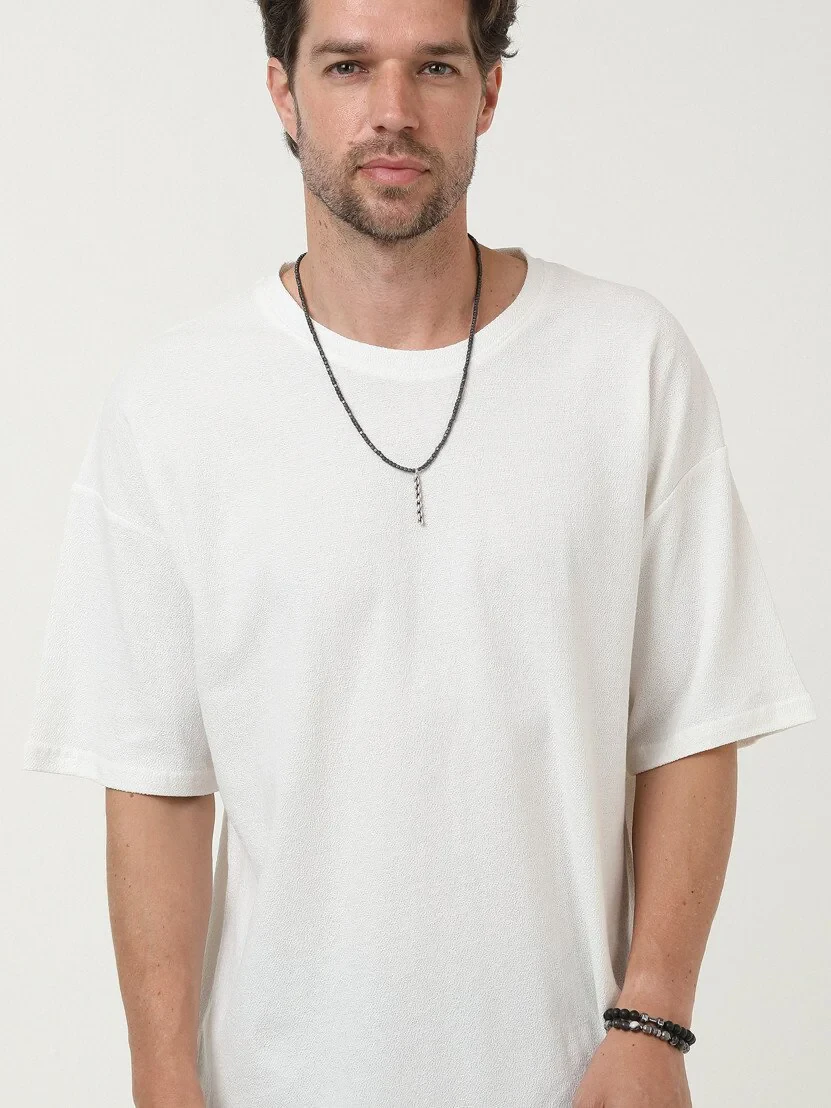 Ekru Düz Bisiklet Yaka T-Shirt - 1