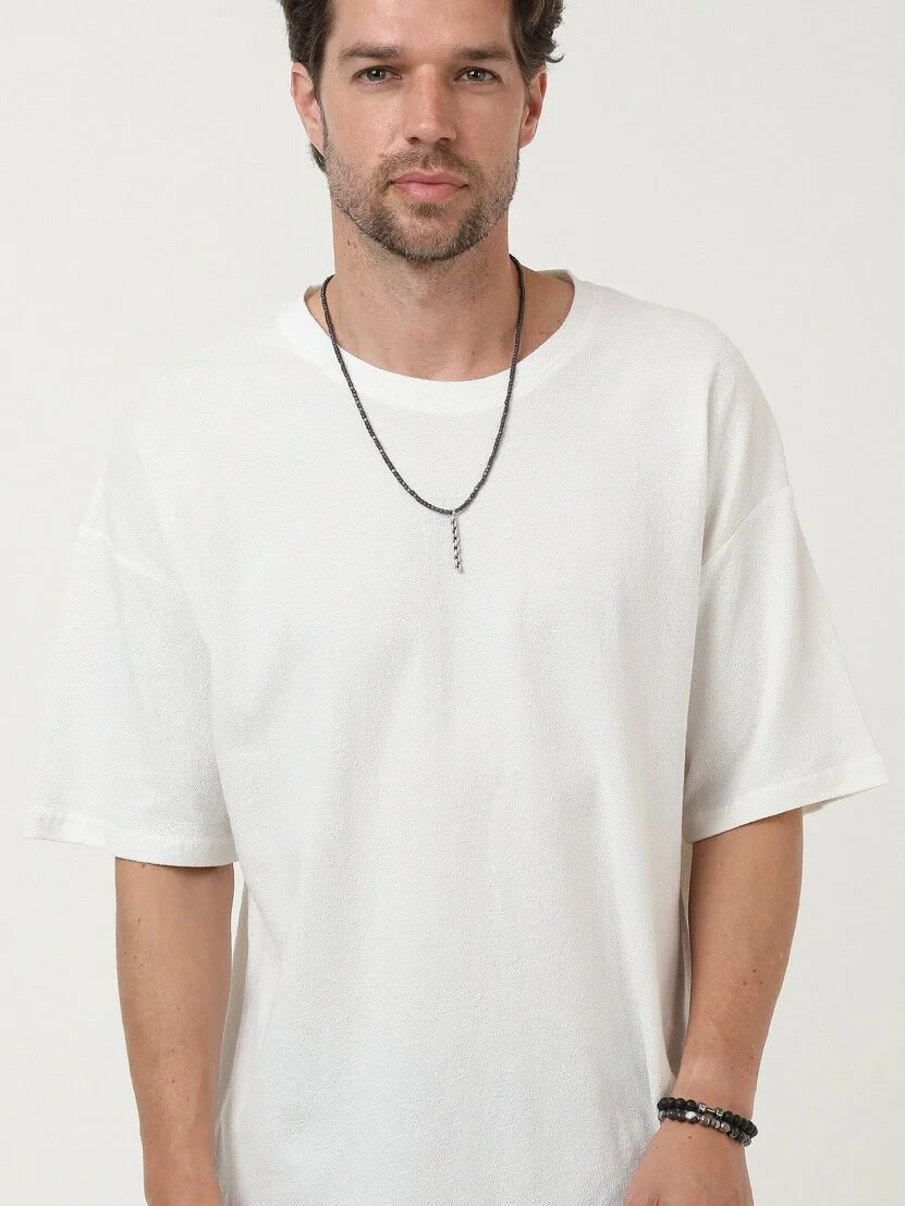 Ekru Düz Bisiklet Yaka T-Shirt - 1