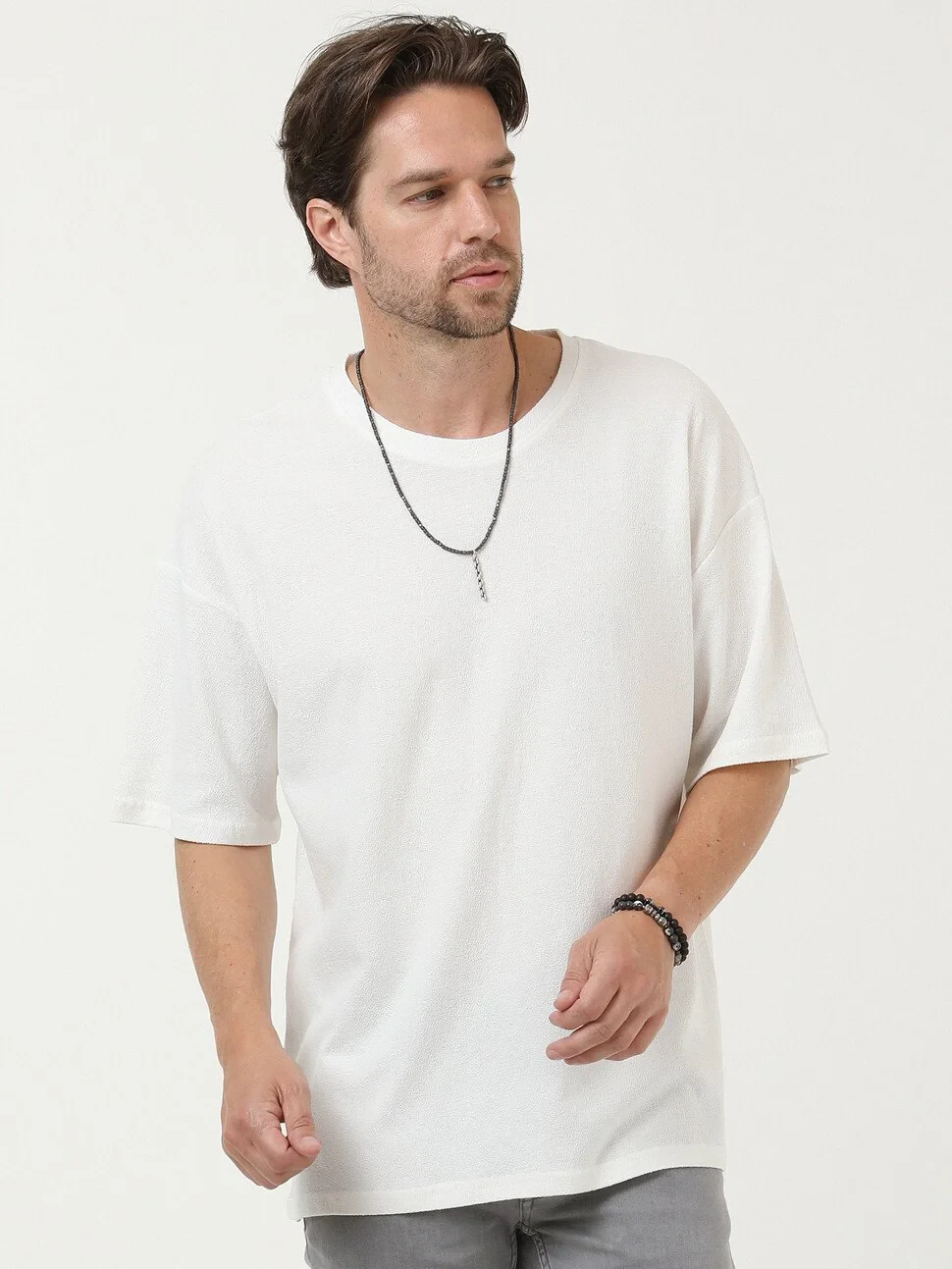 Ekru Düz Bisiklet Yaka T-Shirt - 2