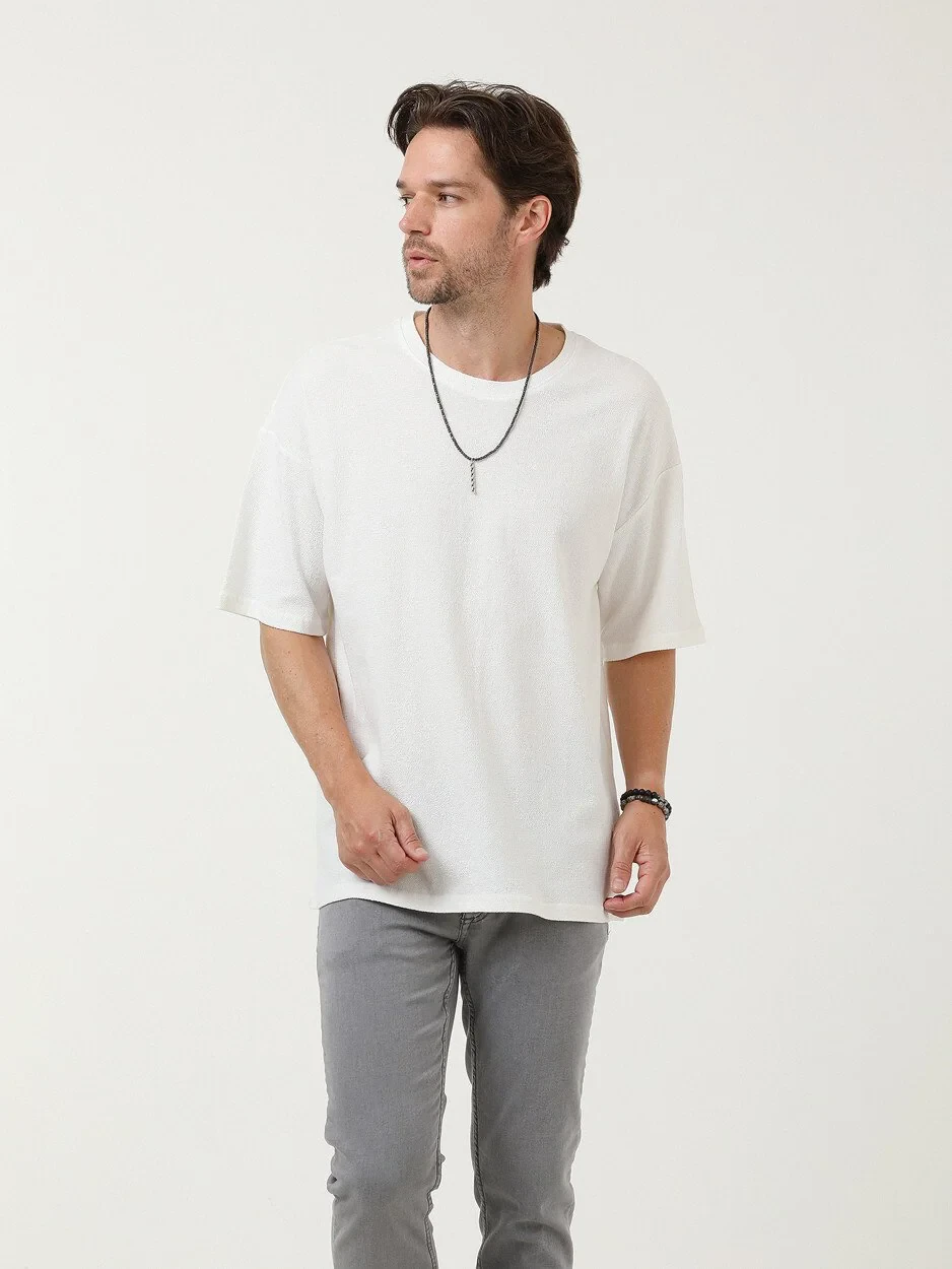 Ekru Düz Bisiklet Yaka T-Shirt - 3