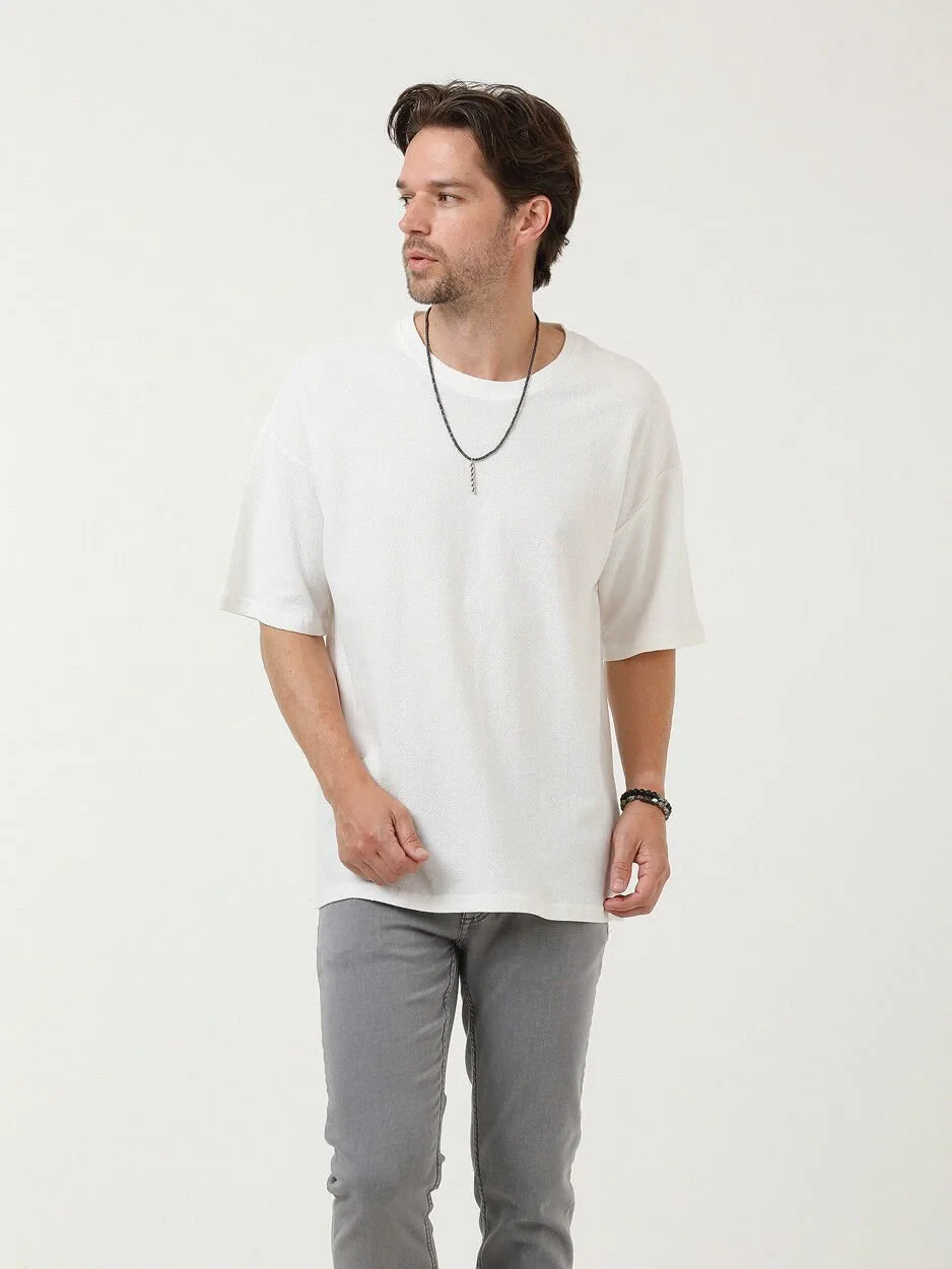 Ekru Düz Bisiklet Yaka T-Shirt - 3