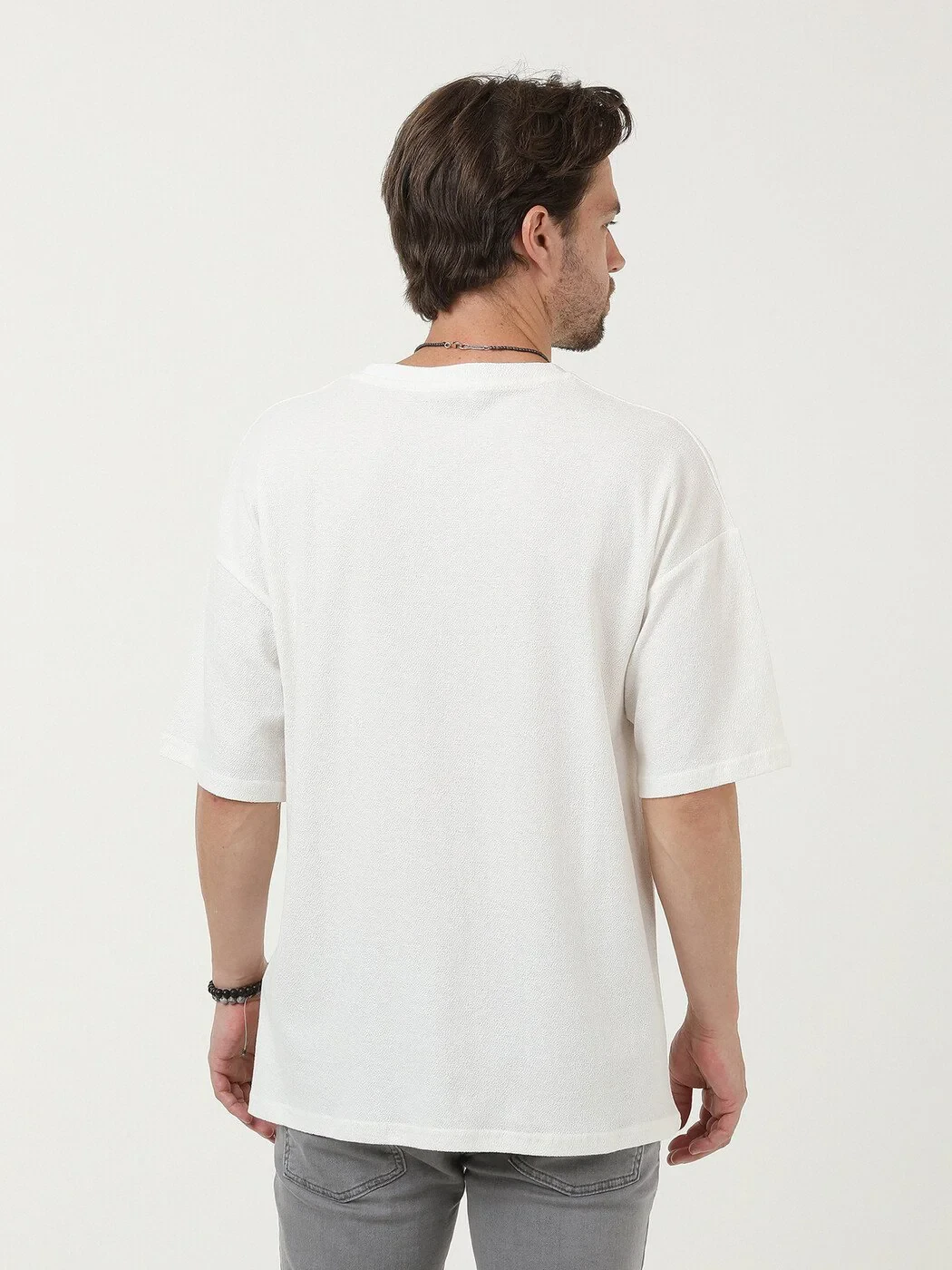 Ekru Düz Bisiklet Yaka T-Shirt - 4
