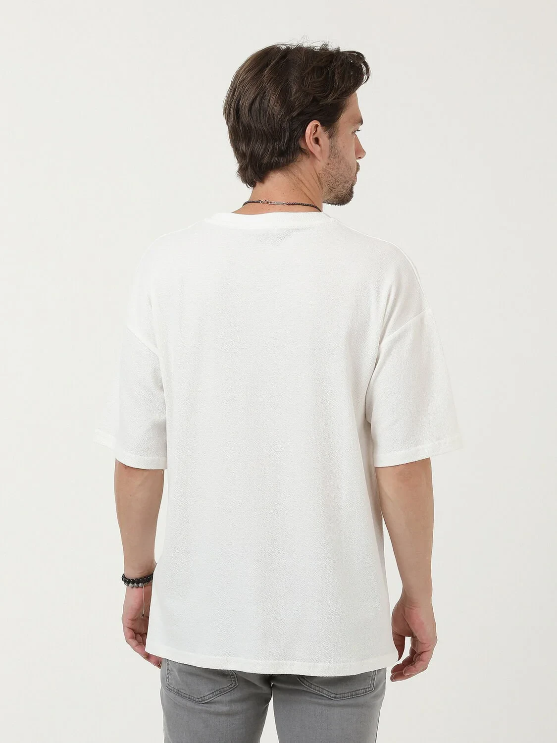 Ekru Düz Bisiklet Yaka T-Shirt - 4