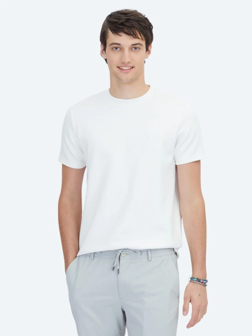 Ekru Düz Bisiklet Yaka T-Shirt 