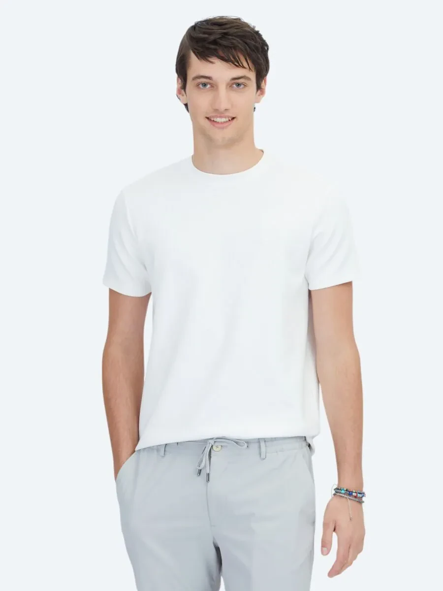 Ekru Düz Bisiklet Yaka T-Shirt - 1