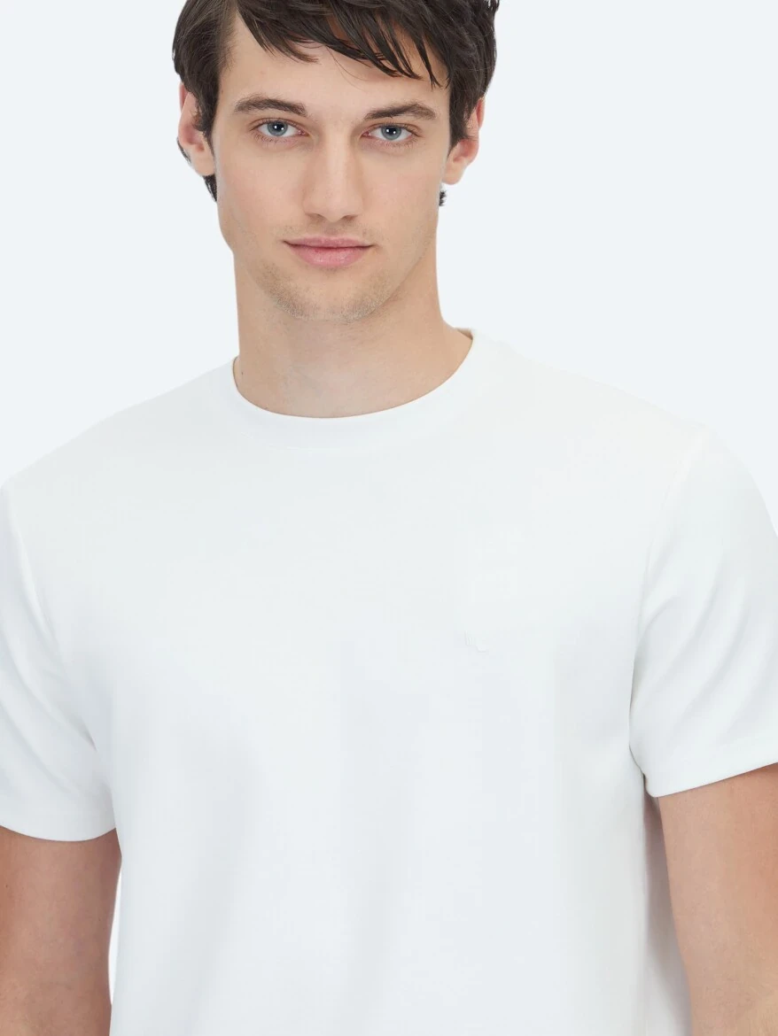 Ekru Düz Bisiklet Yaka T-Shirt - 3