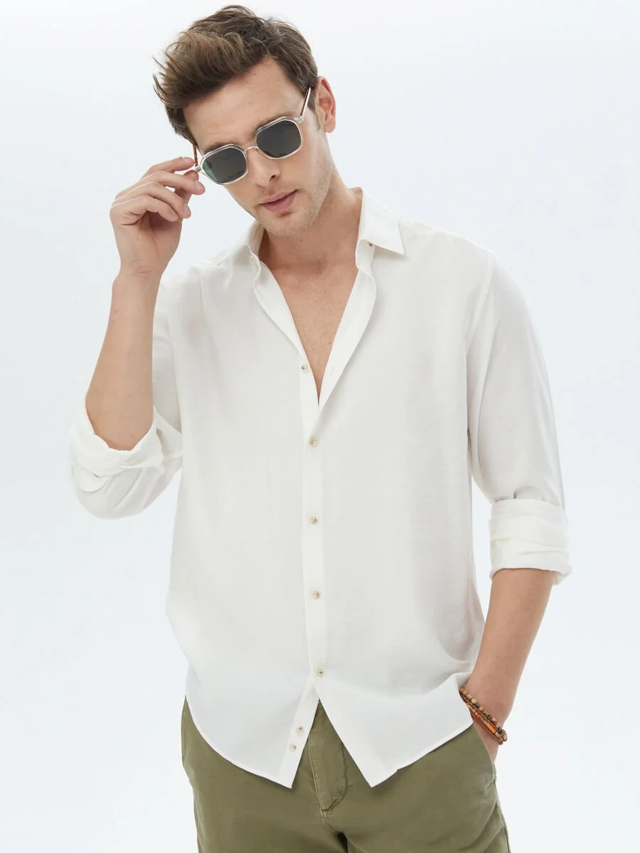 Ekru Düz Regular Fit Dokuma Casual Gömlek - 1