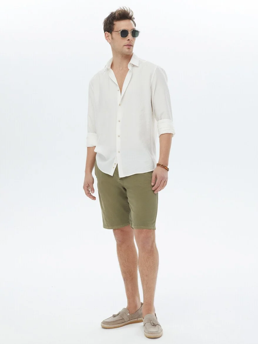 Ekru Düz Regular Fit Dokuma Casual Gömlek - 3