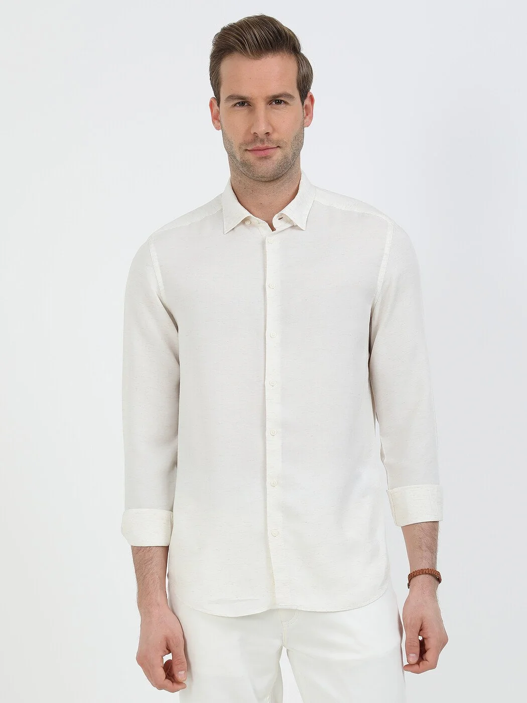 Ekru Düz Regular Fit Dokuma Casual Keten Karışımlı Gömlek - 2