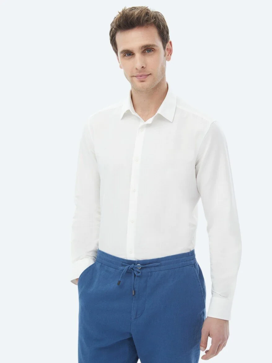 Ekru Düz Regular Fit Dokuma Casual Pamuk Karışımlı Gömlek - 3