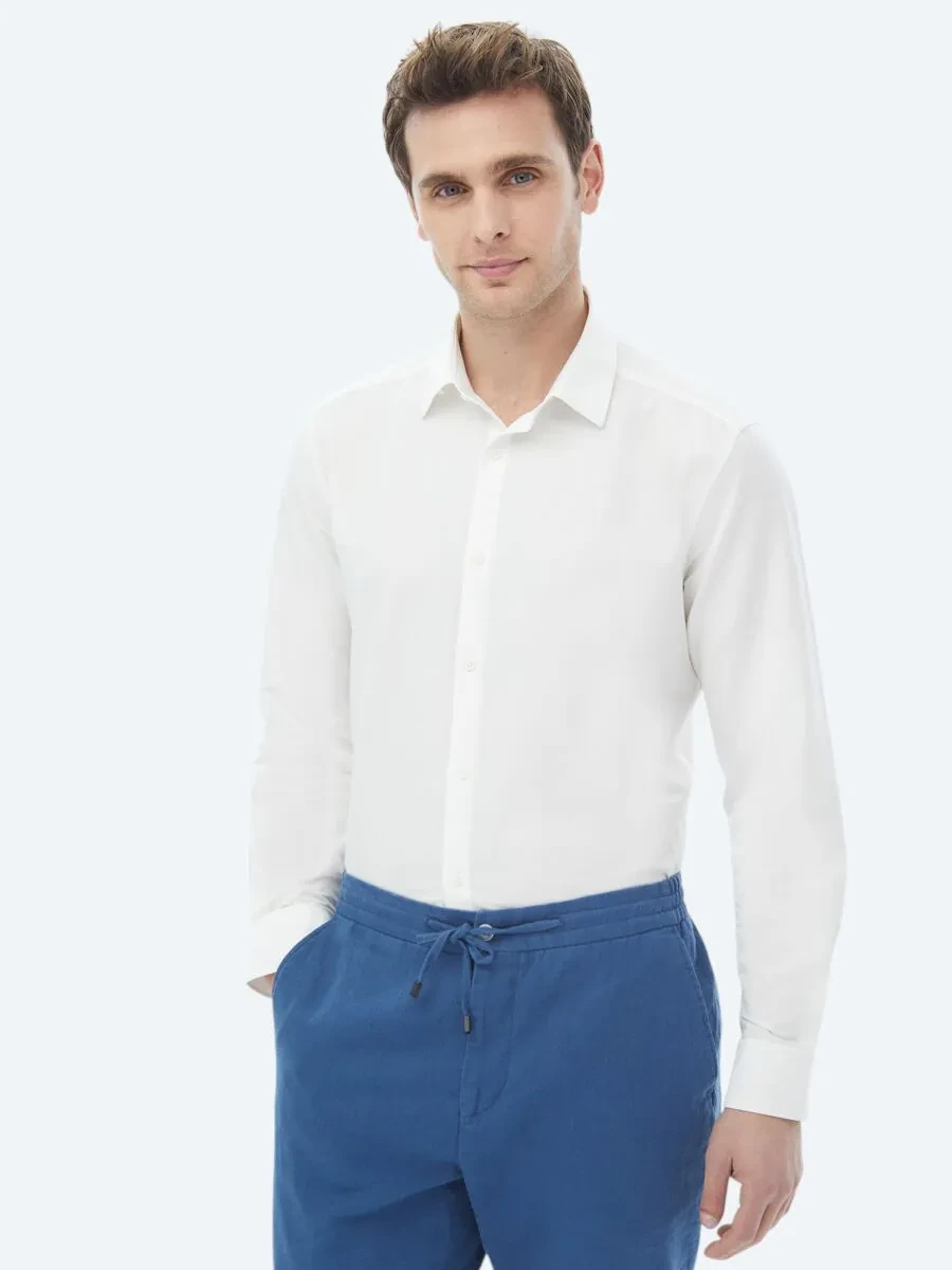 Ekru Düz Regular Fit Dokuma Casual Pamuk Karışımlı Gömlek - 3