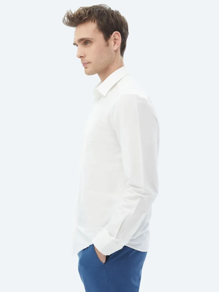 Ekru Düz Regular Fit Dokuma Casual Pamuk Karışımlı Gömlek - 5