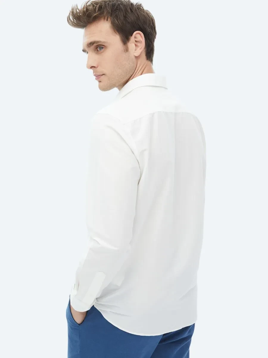 Ekru Düz Regular Fit Dokuma Casual Pamuk Karışımlı Gömlek - 8
