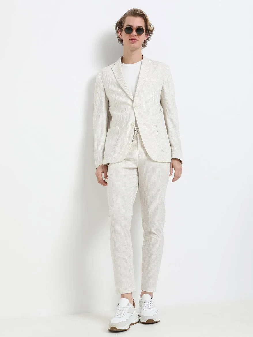 Ekru Kareli Modern Fit Keten Karışımlı Takım Elbise - 1