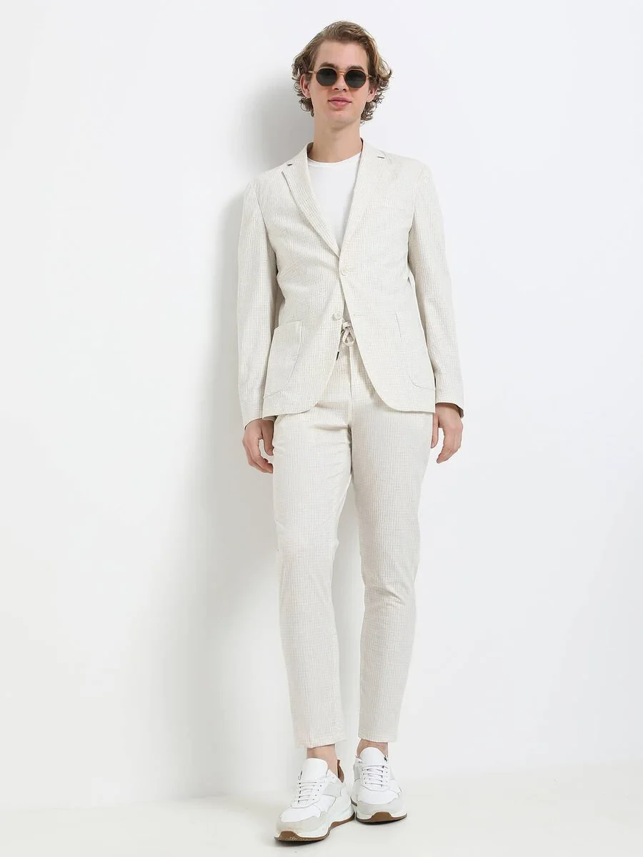 Ekru Kareli Modern Fit Keten Karışımlı Takım Elbise - 1