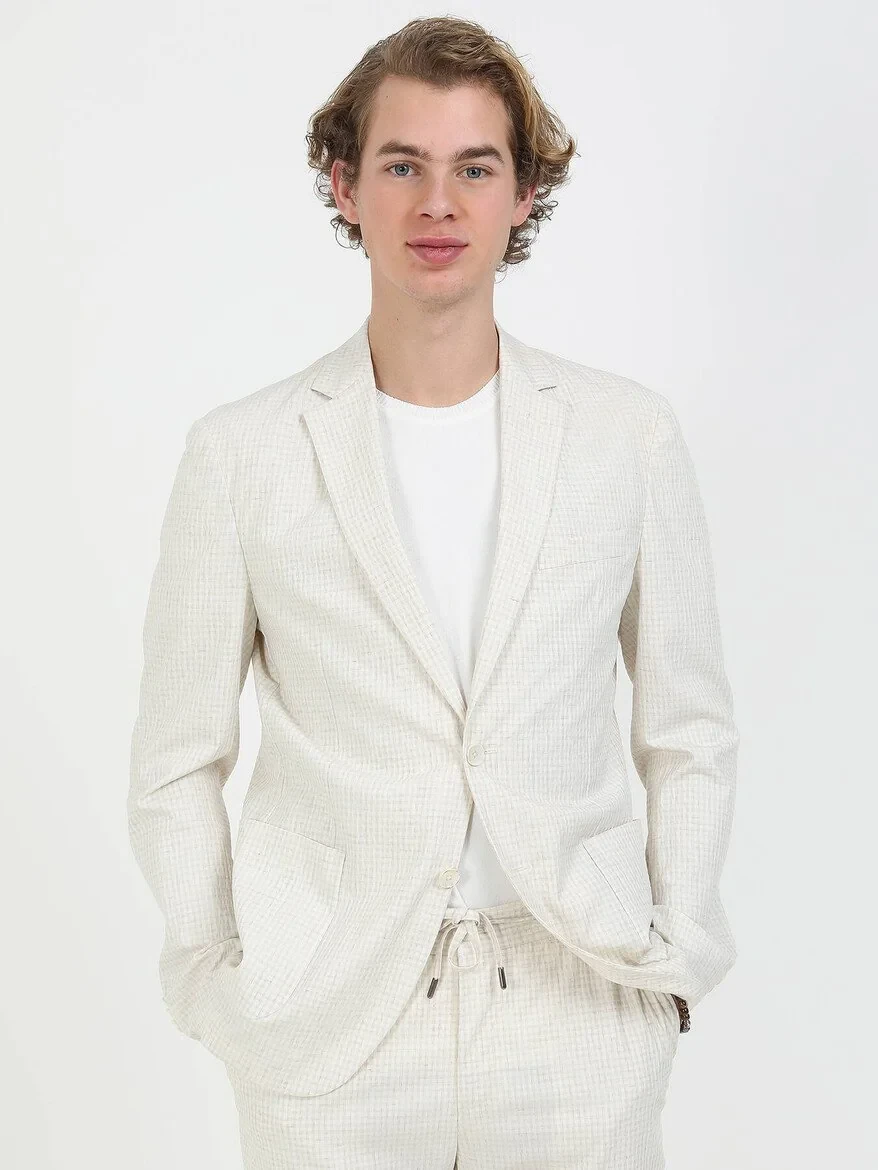 Ekru Kareli Modern Fit Keten Karışımlı Takım Elbise - 3