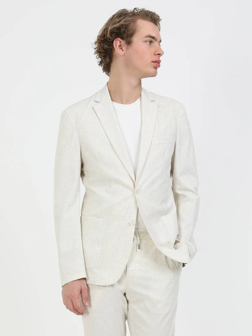 Ekru Kareli Modern Fit Keten Karışımlı Takım Elbise - 4