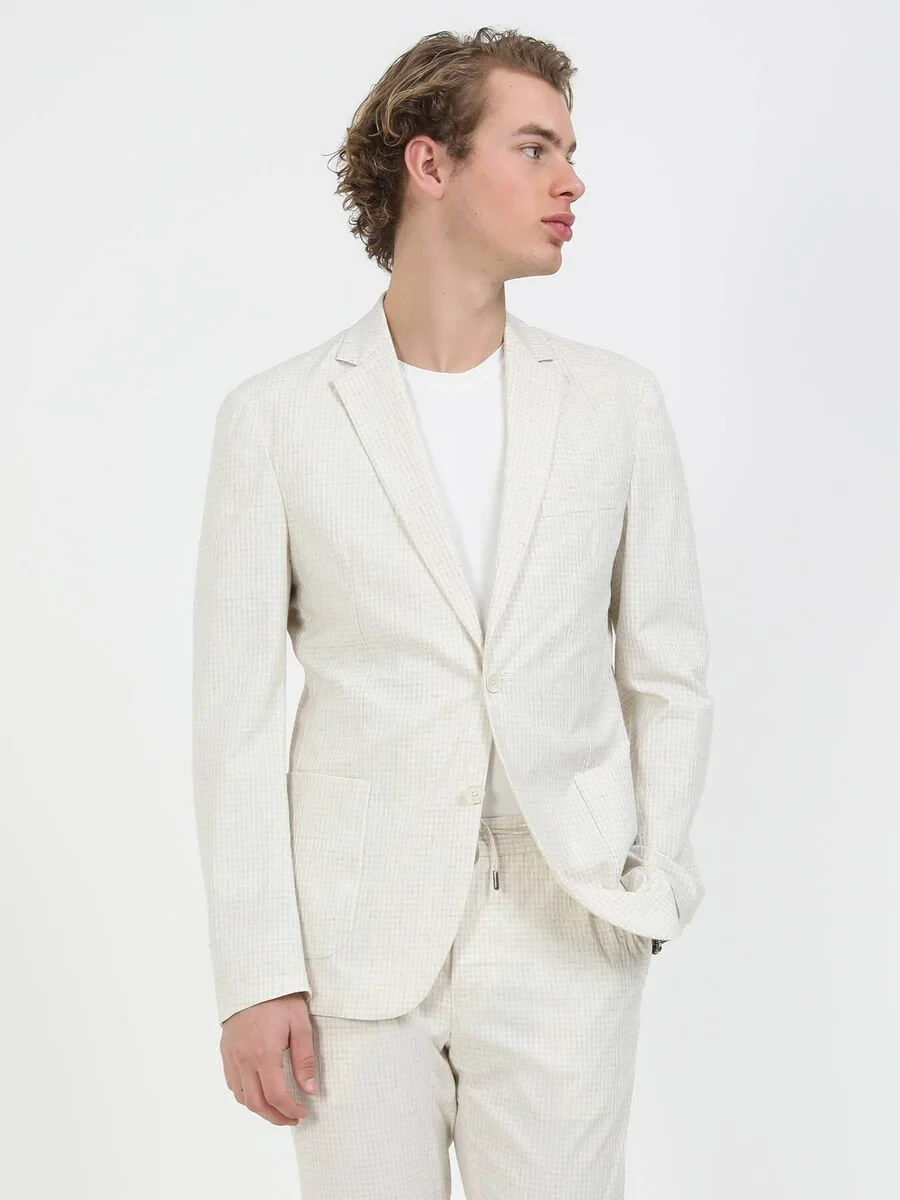 Ekru Kareli Modern Fit Keten Karışımlı Takım Elbise - 4