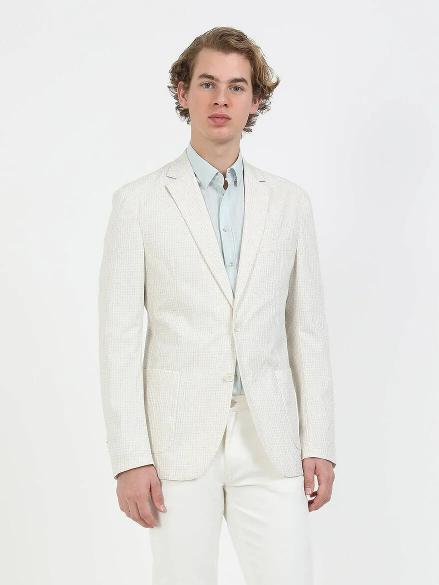 Ekru Kareli Modern Fit Keten Karışımlı Takım Elbise - 6