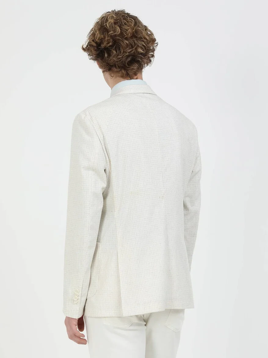 Ekru Kareli Modern Fit Keten Karışımlı Takım Elbise - 8