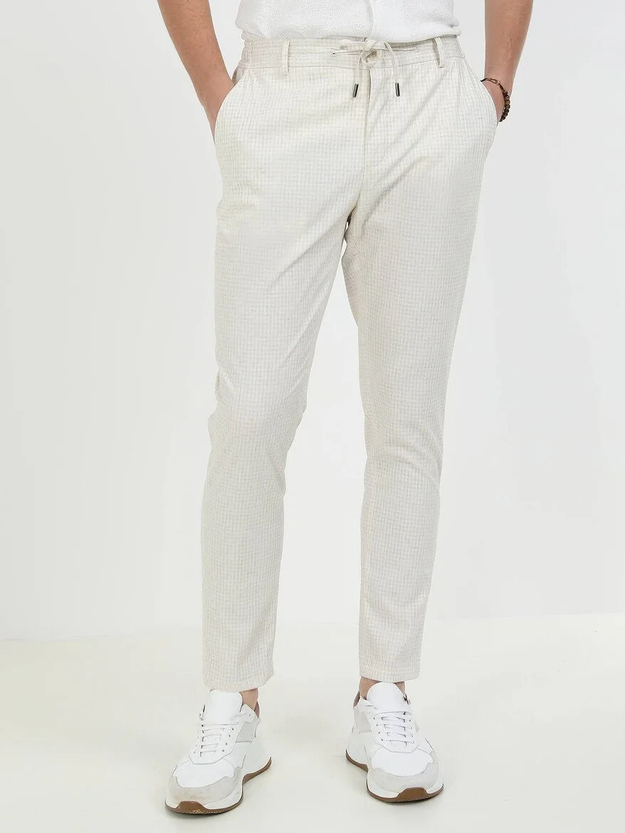 Ekru Kareli Modern Fit Keten Karışımlı Takım Elbise - 9