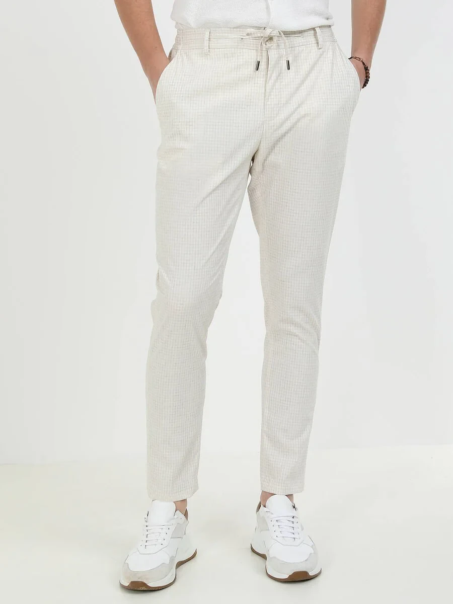 Ekru Kareli Modern Fit Keten Karışımlı Takım Elbise - 9