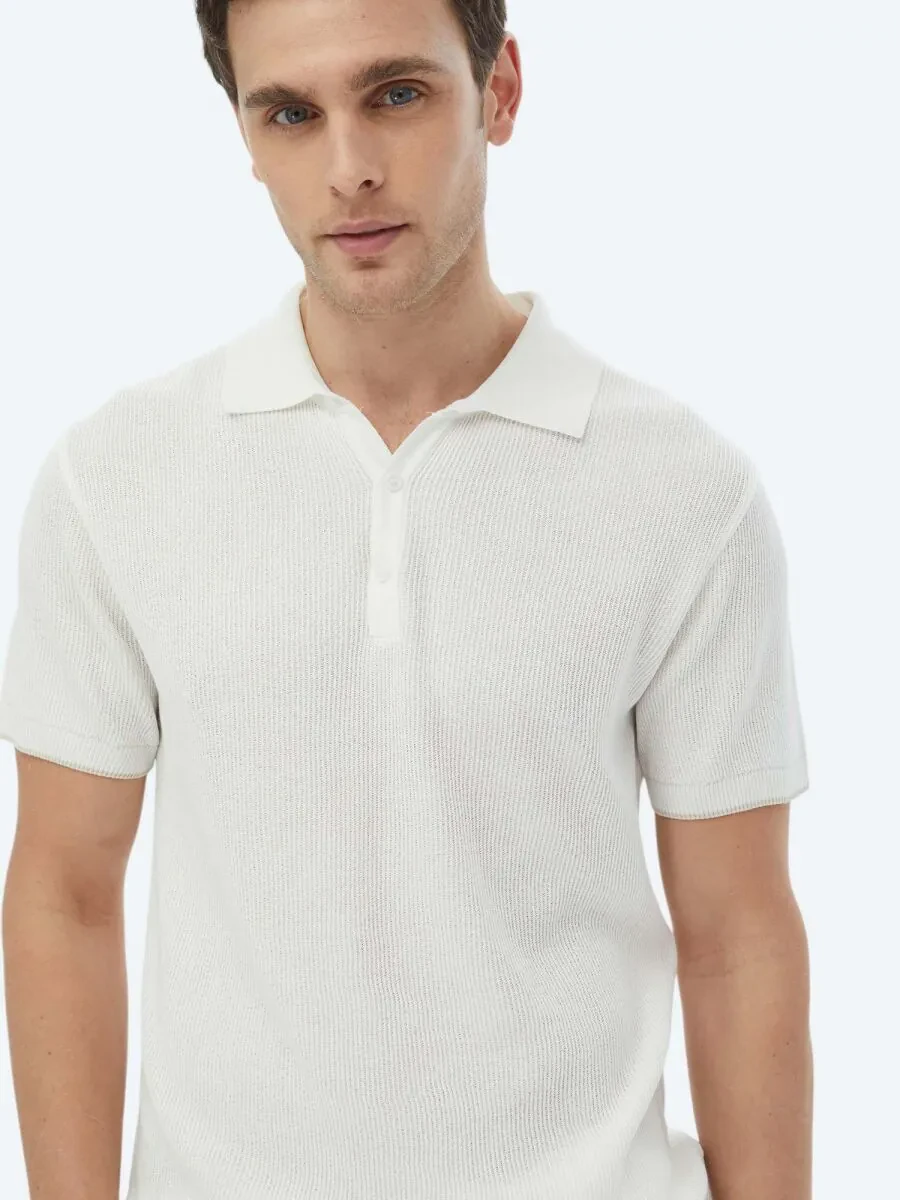Ekru Polo Yaka Jakarlı Triko - 2