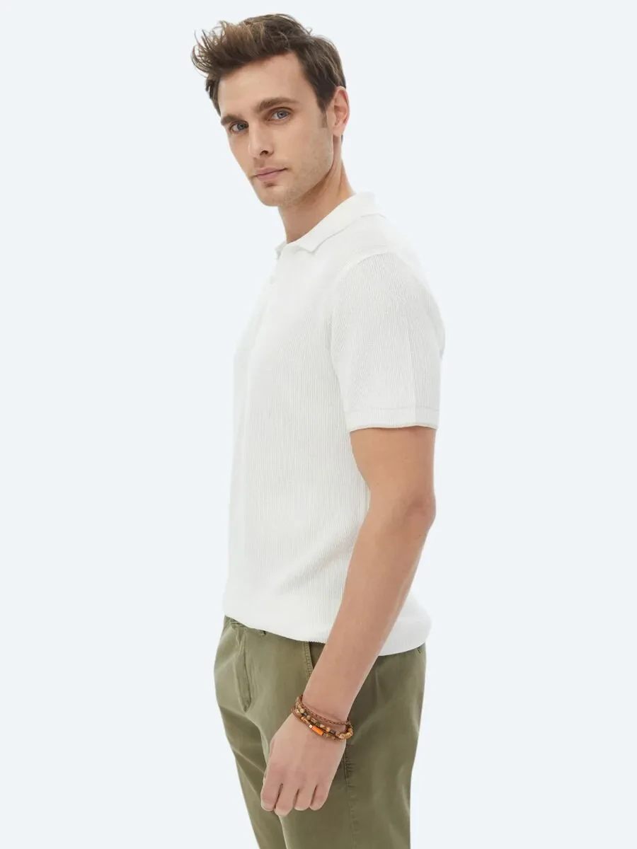 Ekru Polo Yaka Jakarlı Triko - 4