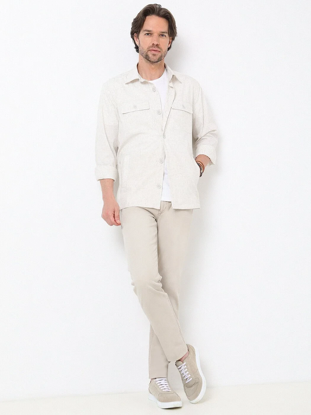 Ekru Regular Fit Dokuma Keten Karışımlı Overshırt - 3