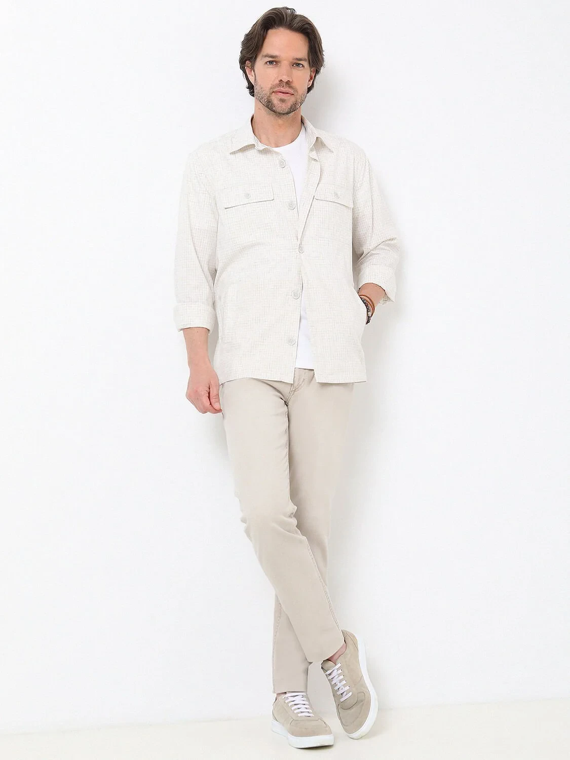 Ekru Regular Fit Dokuma Keten Karışımlı Overshırt - 3