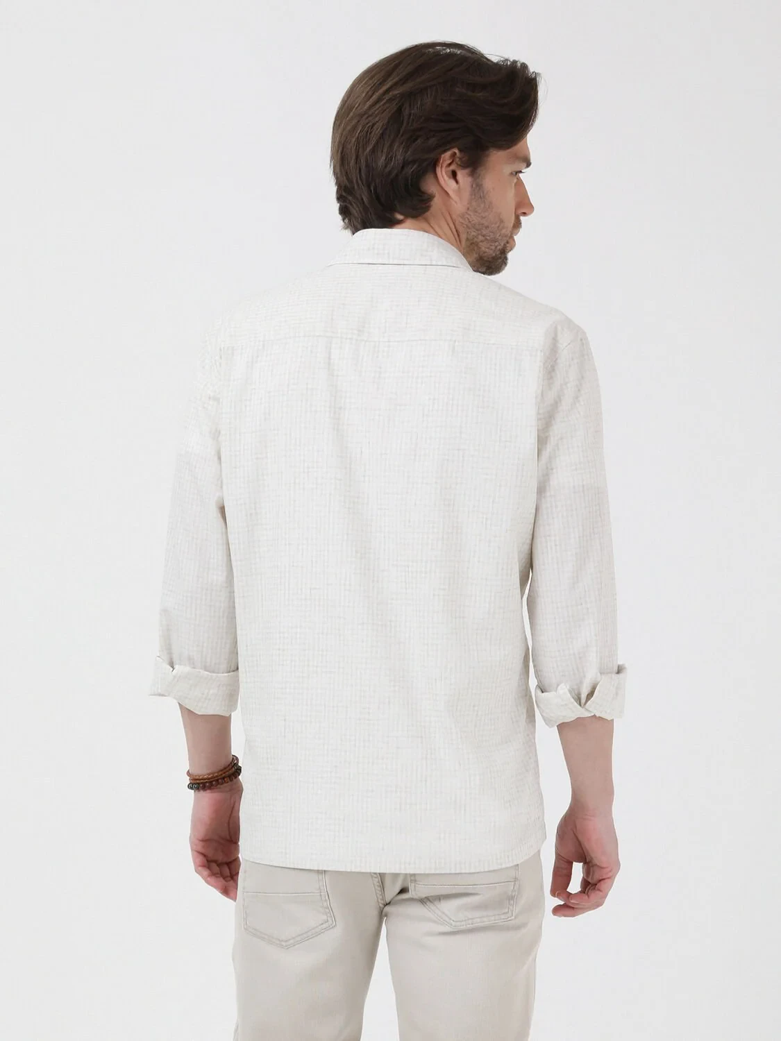 Ekru Regular Fit Dokuma Keten Karışımlı Overshırt - 5